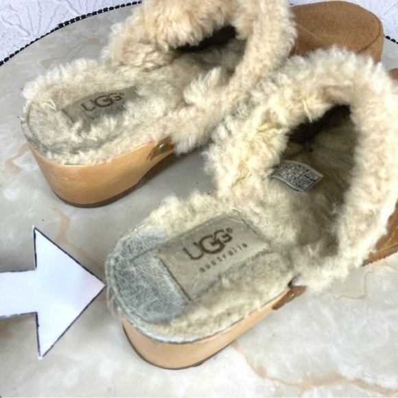 UGG Mules Womens Size 5 Tan Suede Australia Kalie Sheepskin Studded Wooden Clogs - Picture 12 of 13